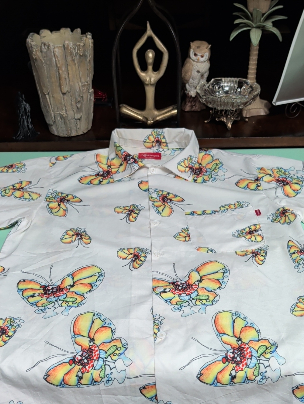 Supreme White Button-Down Shirt with Multicolor Butterfly Print